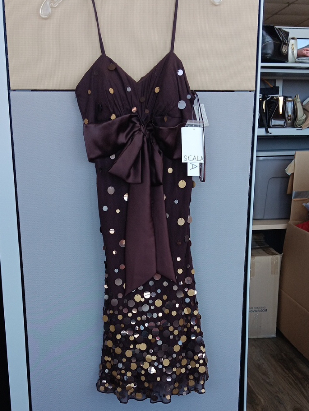 Scala Brown Sequin Bow Slip Dress